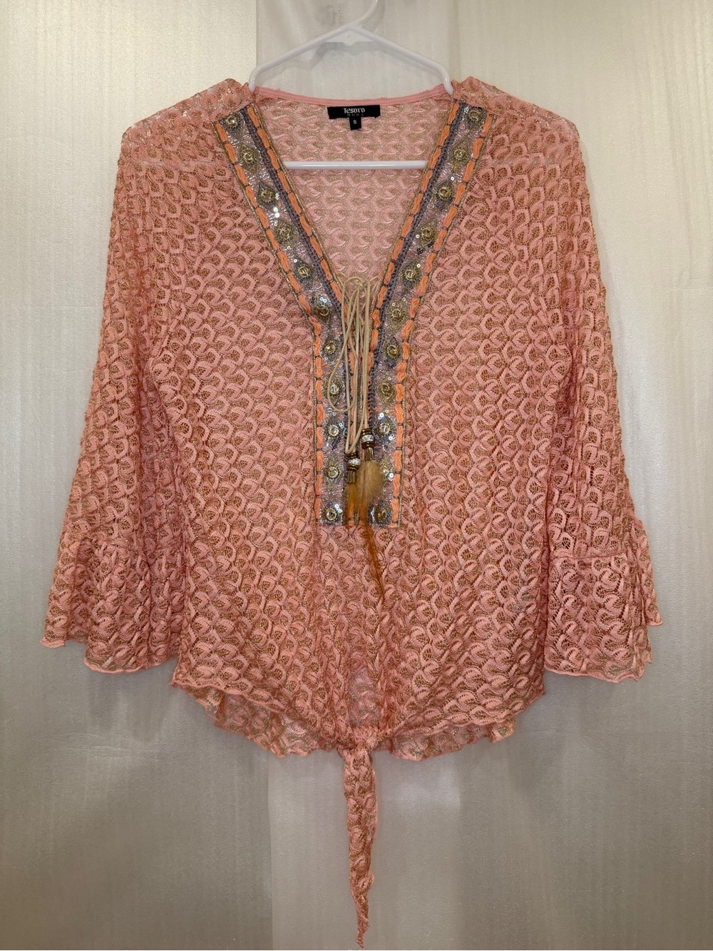 Tesoro Moda Peach Lace Tie-Front VNeck Blouse-Embellished Placket/Bell Sleeve
